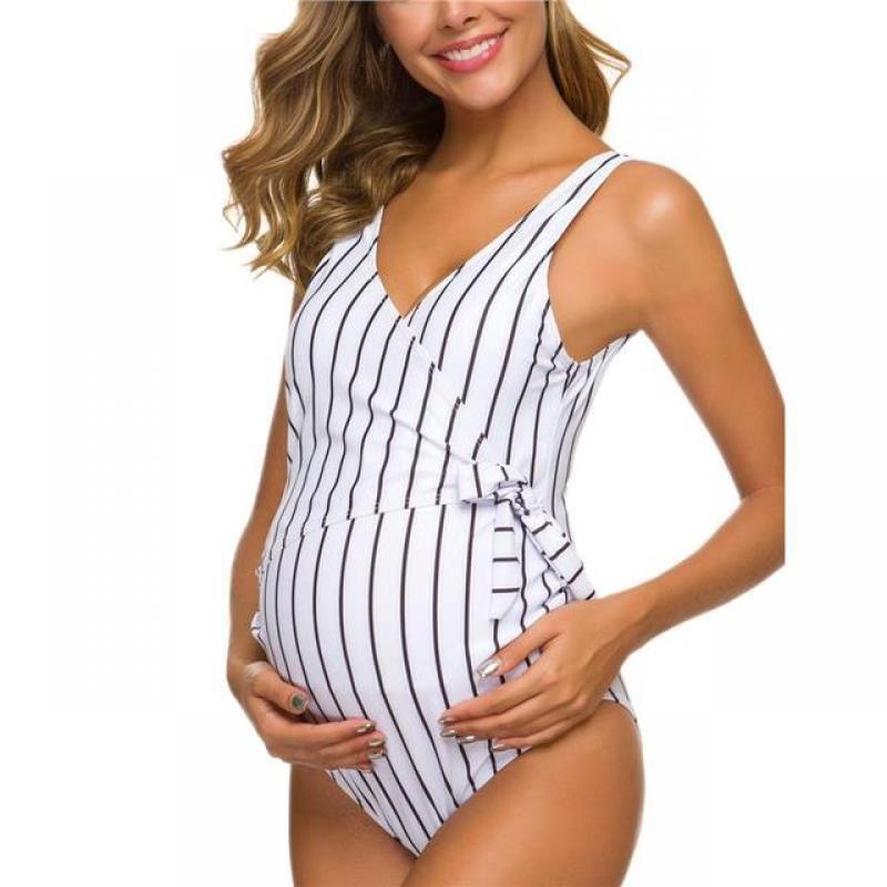 Liu&Qu Maternity Swimsuit One Piece V Neck Pregnancy Swimwear Elegant Tie Front Bowknot Bathing Suit Monokini Summer