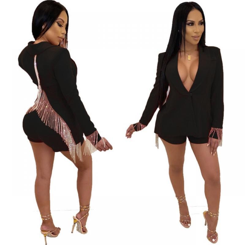 2022 Spring New Backless Deep V Split Tassel Two Piece Set Shorts Suit