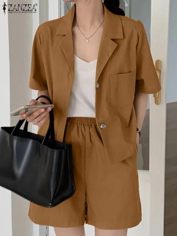 ZANZEA Summer Fashion Matching Sets 2PCS Solid Color Lapel Neck Short Sleeve Blazer Pant Sets Elegant Casual Vintage Outifits