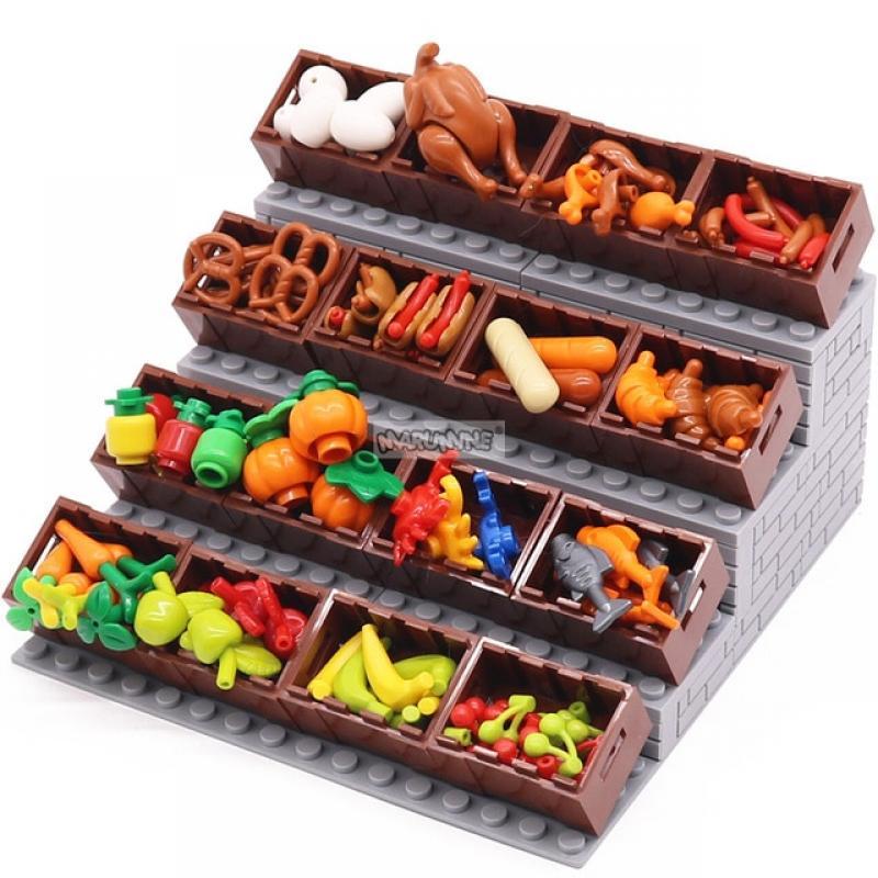 Marumine MOC Food Brick Parts Set Building Blocks Model Apple Bread Chicken Leg Hot Dog Small Fish Cherry Pumpkin Creative Toys