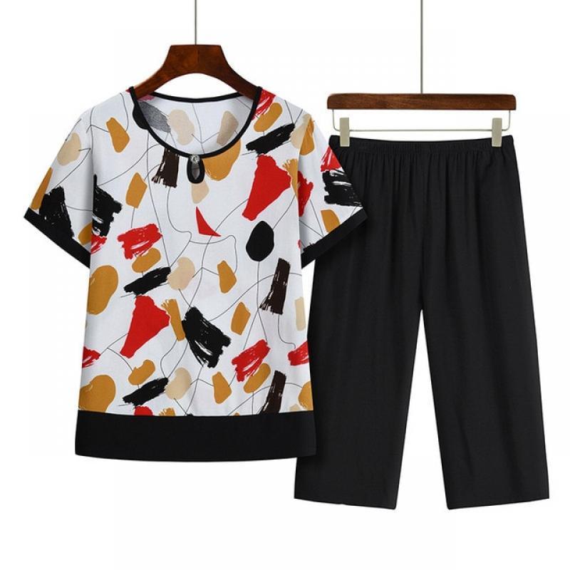 Fdfklak Plaid Summer Two-Piece Set 2023 New Middle-Aged Elderly Mother Short-Sleeve 3/4 Pant Suit Loose Casual Womens Outifits