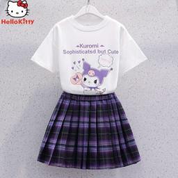 Kuromi Short-Sleeved Pleated Skirt Y2K Sanrios Anime Kawaii Student Loose Casual Fashion Soft Comfortable Sweet Girly Cute Suit