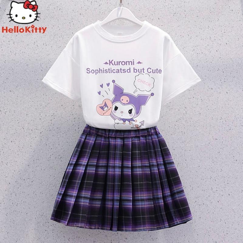 Kuromi Short-Sleeved Pleated Skirt Y2K Sanrios Anime Kawaii Student Loose Casual Fashion Soft Comfortable Sweet Girly Cute Suit