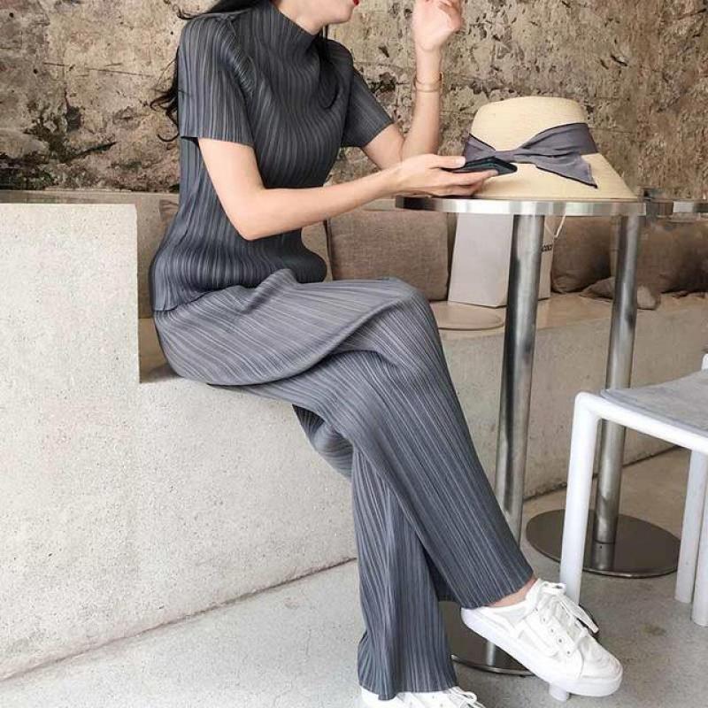 Pleated top women's high-waist straight-leg pants suit 2021 summer and Hong Kong style fashion two-piece suit slim clothing