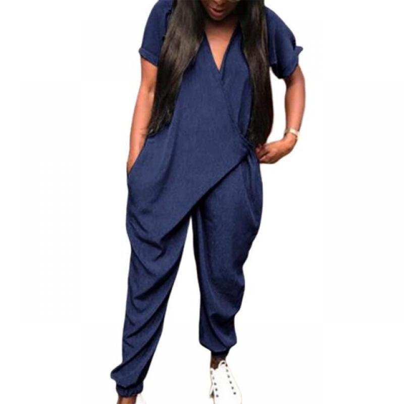 Women Loose Jumpsuit Solid Color Short Sleeve Front Wrapped V Neck Ankle Tied Loose Jumpsuit  skin-friendly Front wrapped v neck