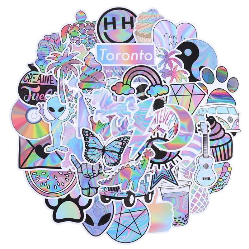 50PCS Mixed Holographic Laser Cartoon Stickers Luggage Skateboard Cute DIY Cool Graffiti Girl Gradient Sticker Decal