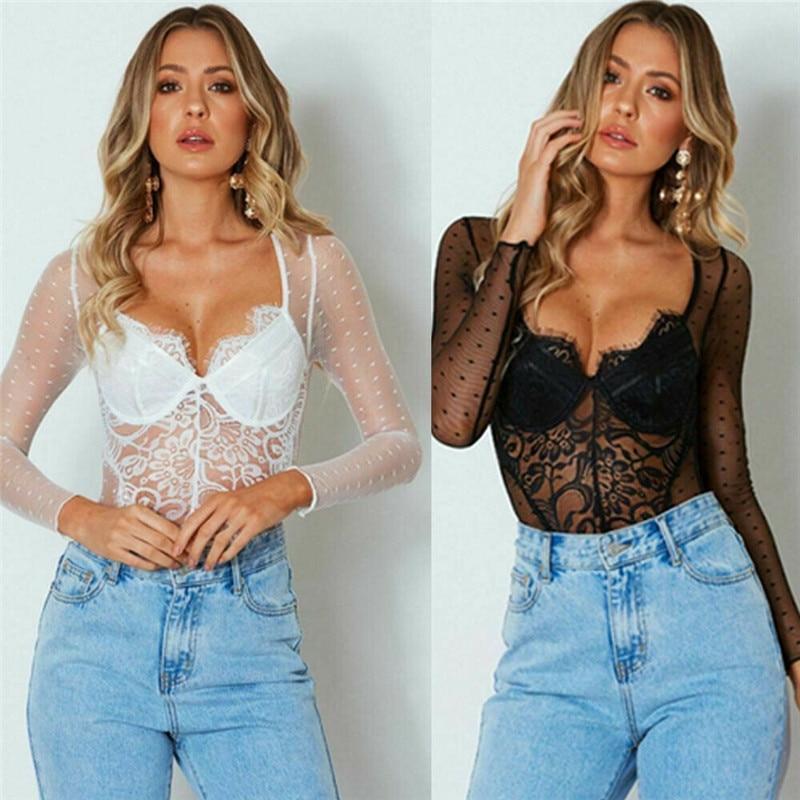 Sexy Summer Women lingerie romper Dots Floral Fashion Sheer mesh lace see-through Club Bodysuits Long sleeve transparent Clothes