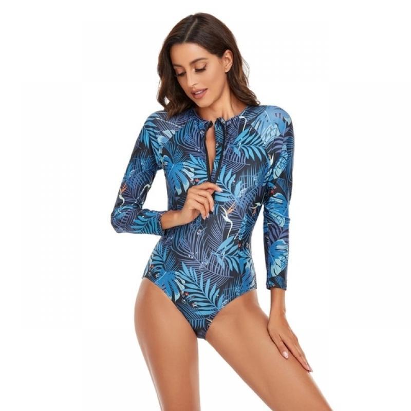 Womens One Piece Swimsuit Floral Print Bathing Suit Athletic Zipper Wetsuit Swimwear Long Sleeves Rash Guard Beachwear