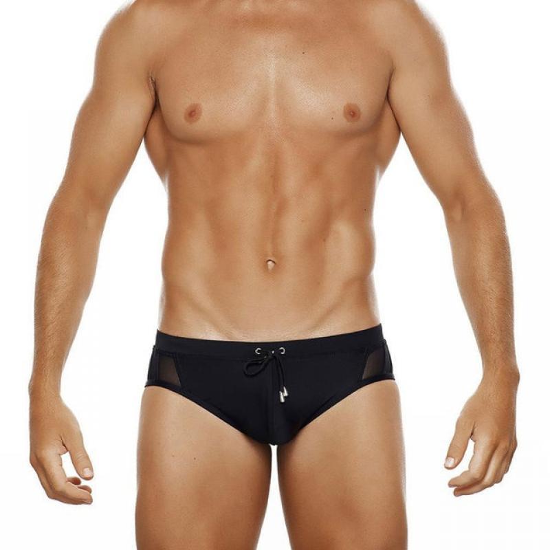 Summer Men's Black Swimwear Sexy Mesh Side Bikini Swimming Pool Briefs With/Without Sponge Pad Low Waist Solid Patchwork Bequine