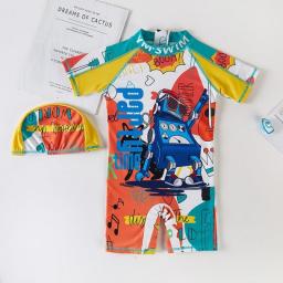 Baby Swimsuit One-Piece Bathing Suit Boy With Sun Cap UPF50 UV Protection Long Sleeve Dinosaur Children's Swimwear For Toddlers