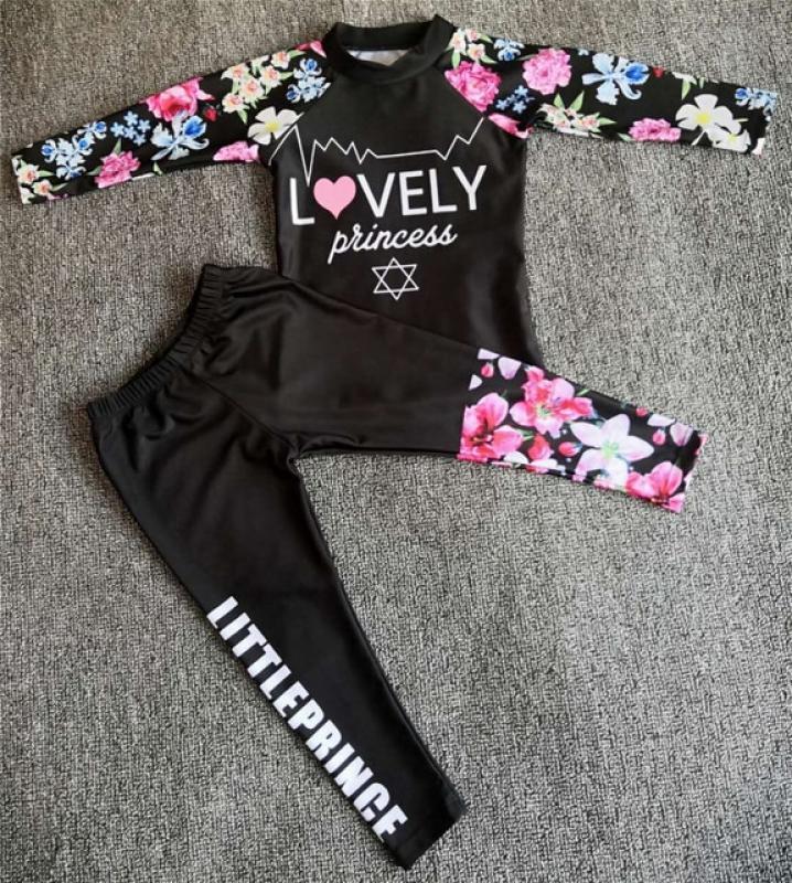 Girl Two Pieces Suit Beachwear 3-10 Year Children Long Sleeve Swimsuit 2023 Kid Cute Letter Print Swimwear Baby Bathing Suit