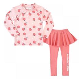 Girl Two Pieces Suit Swimwear Children Long Sleeve Long Pant Swimsuit New 2023 Kid Cute Peach Print Beachwear Bathing Suit