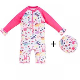1-6 Years Old Baby Girls Swimsuit Sun Protection Cap Set Long Sleeves One Piece Swimwear For Kids Toddler Cartoon Girls Swimming