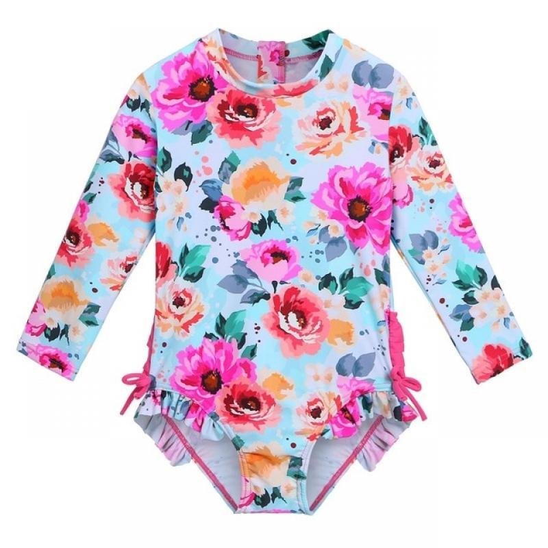 BAOHULU Cute Toddler Baby Girl Swimwear Long Sleeve UPF50+ Infant Bathing Suits Bright Ruffle Swimsuit Kids One Piece Beachwear