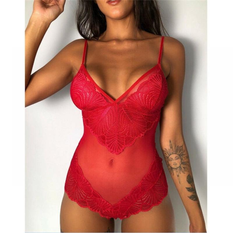 2020 New Fashion Women One Piece Lace Bodysuit Mesh Babydoll Bodysuit V-neck Strap See Through Jumpsuit Teddy Lingerie Underwear