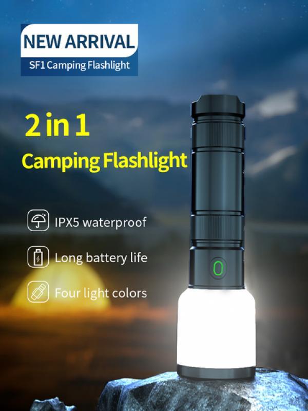 NATFIRE Outdoor LED Rechargeable Flashlight with Camping Lamp Flashlight 4 Color 2 in 1 Portable Powerful Bright Flashlights SF1