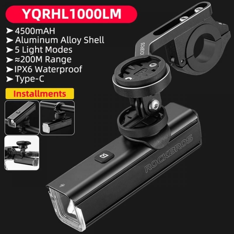 ROCKBROS Bicycle Front Light 1000 Lumens 4500mAH Lamp Highlight Aluminum Type-C Bike Flashlight Headlight MTB Road Cycling Light
