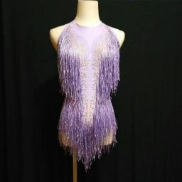 Sparkly Golden Tassel Bodysuit Women Rhinestone Outfit Glisten Beads Costume One-piece Dance Wear Singer Stage Leotard Headdress
