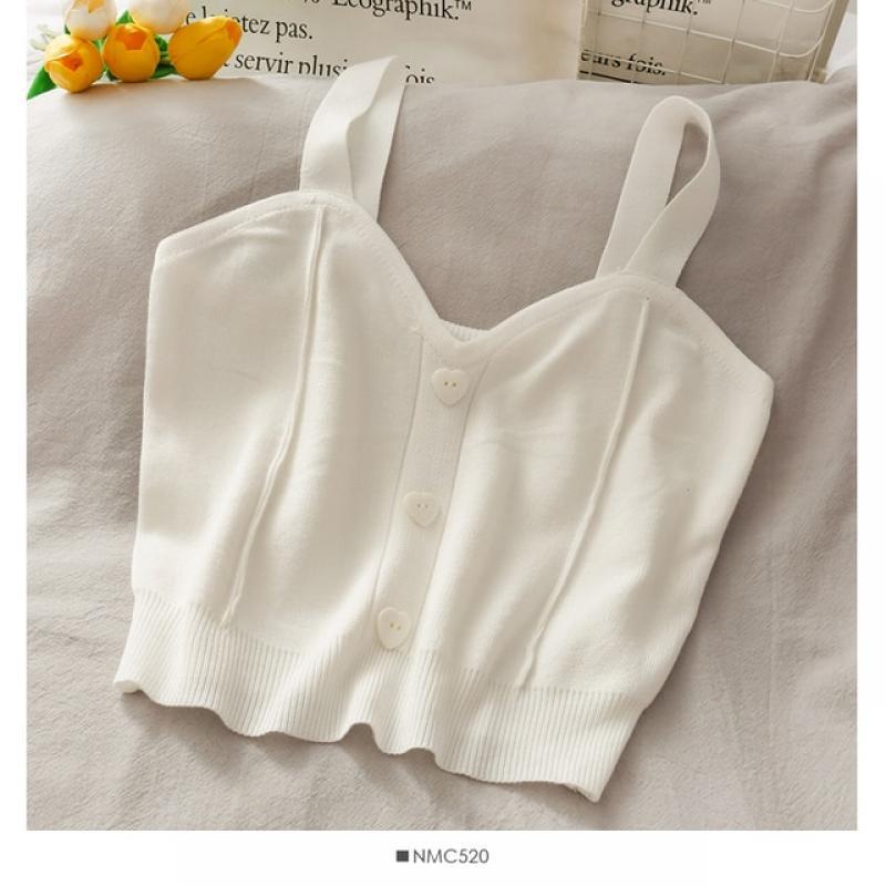 Liba Sin Women Strappy Knitting Tops Summer V Neck Plastic Buttons Front Sleeveless Crop Tops Korean Style Sweet Kawaii Top