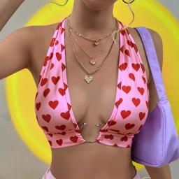 Sexy Wrap Deep V Neck Heart Print Halter Crop Tops Women With Ring Backless Bandage Tank Camis Female Sleeveless Cropped Vest