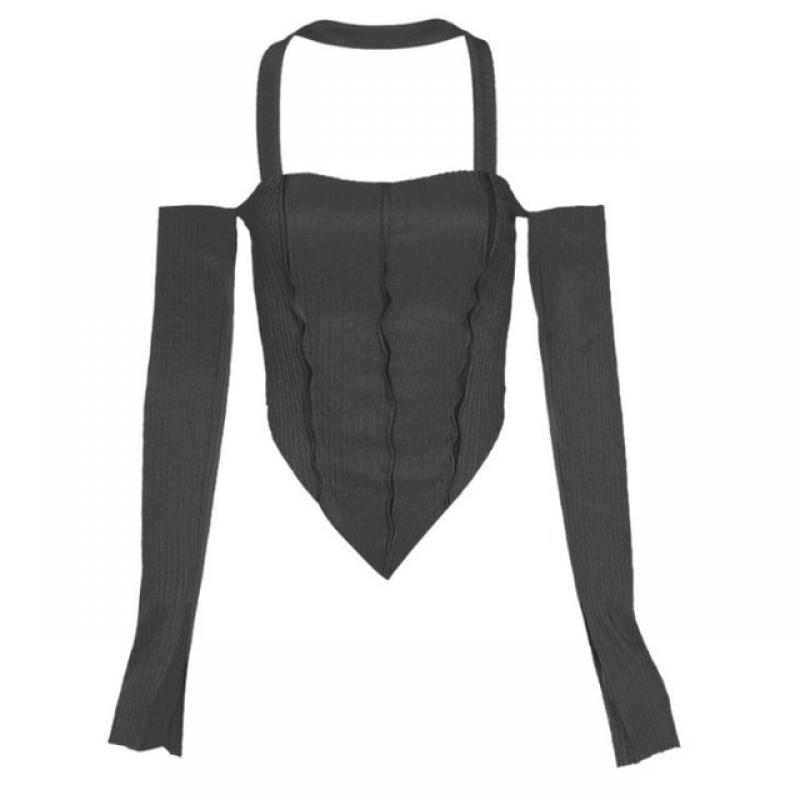 Women's Crop Tops Clothes y2k Harajuku Halter Neck Off Shoulder Long Sleeve Solid Color Sexy Corset Top T-Shirt for Young Ladies