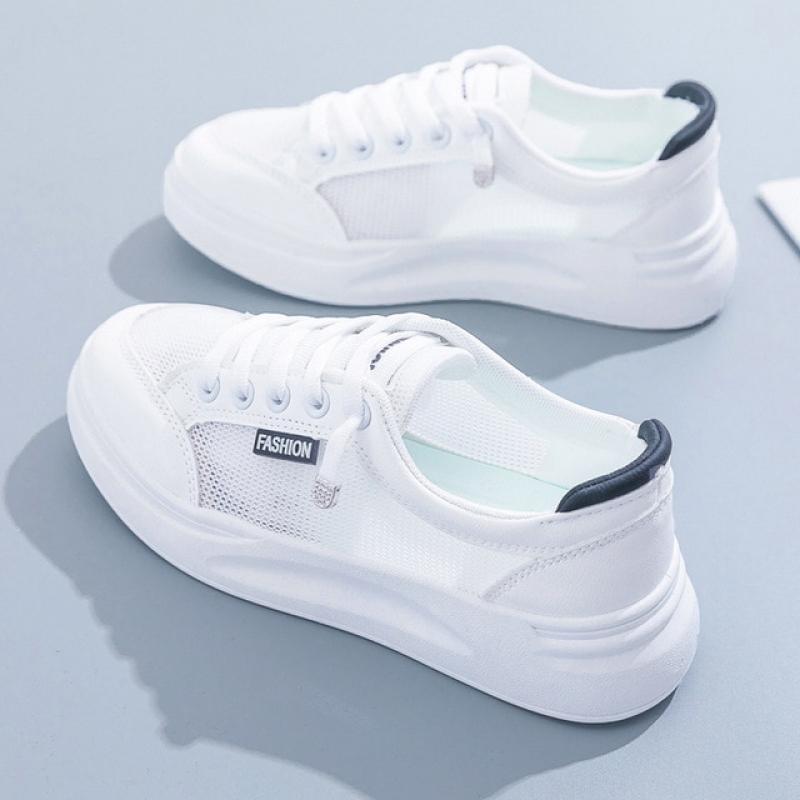 Women Jogging Shoes Summer Autumn White Hollow PU Leather Lace-Up Mesh Breathable Platform Elevator Sneakers Zapatos De Mujer
