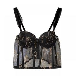 SXTHAENOO Mesh Embroidery Corset Top Vintage Lace Trim See Through Crop Top Sexy Spaghetti Strap Tank Top Women Clubwear