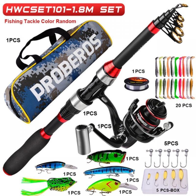 Telescopic Fishing Rod Spinning Reel Combo Set with Fishing Line Angling Lures Kit Spinner Hooks Soft Bait Worm Popper Minnow