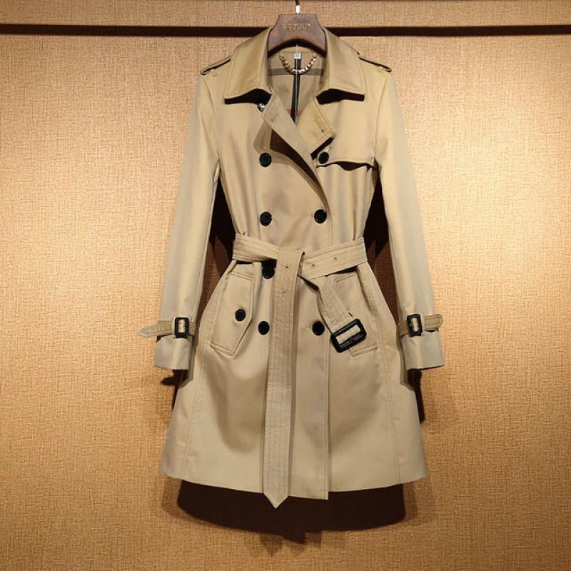 Women's Classic Lapel Mid Length Trench Coat Stylish Double-Breasted Overcoat Slim Dress Jacket with Belt Windproof