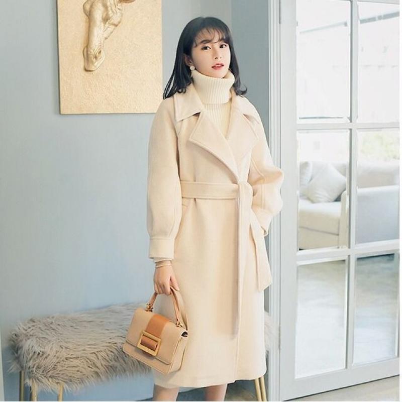 Autumn and winter Korean high-quality wool coat 2023 pink women's classic double-breasted belt with medium and long wool coat