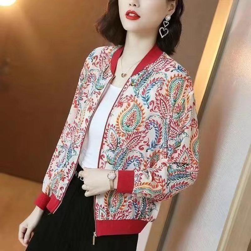 Summer Chiffon Print Jacket Women Long Sleeve Loose Bomber Jacket Lady Tops Female Breathable Jackets  Clothes X180
