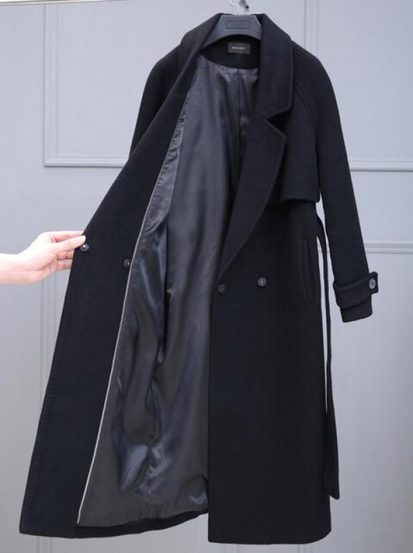 Black coat women's medium-length new popular high-end double-sided cashmere autumn and winter thickening wool coat