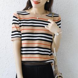 2023Spring&summer Women Knitting 100Percent Pure Cotton Sweaters Round Collar Short Sleeve Slim Fit Stripe Style High-quality Pullover