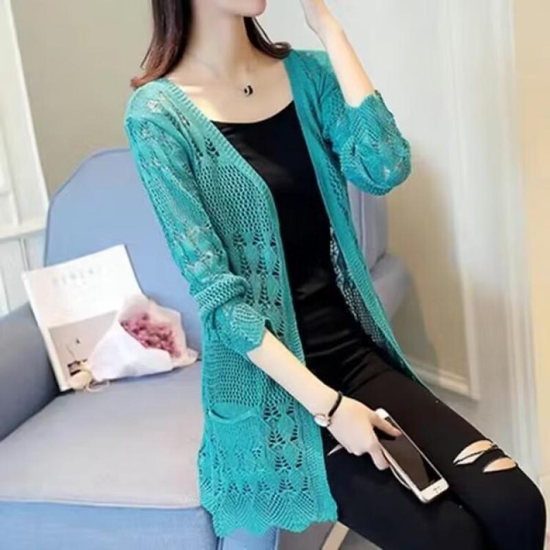 New Knitted Cardigan Loose Pocket Hollow Long Sleeve Women Sweater Female Cardigans Women's Coats Sweaters Outerwear