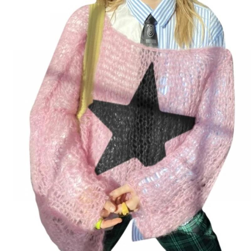 Women Star Pattern Long Sleeve O Neck Casual Hollow Knitted Pullover Top Fashion Oversized Sweater Spring Autumn Y2k Streetwear