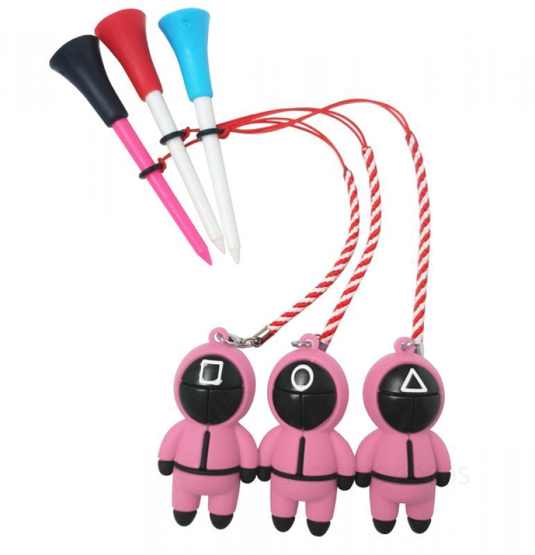 Golf Tees 3pc/set Rubber red tee With 3D Squid Game Figures Mask Cartoon Pattern Prevent Loss Handmade Rope Golf Ball Holder new