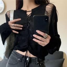 Y2K Holes Knitted Cardigans Two Side Wear Retro Harajuku Cute Prepply Jumpers Women Full Sleeve Bandage Outwear Autumn Grunge