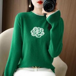New Spring And Autumn New Women's Round Neck Contrast Color Worsted Wool Knitted Sweater Elegant And Fashionable Jacquard Type