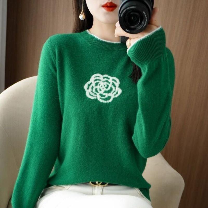 New Spring And Autumn New Women's Round Neck Contrast Color Worsted Wool Knitted Sweater Elegant And Fashionable Jacquard Type