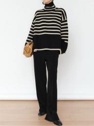 Women's Turtleneck Autumn Loose Black White Knitted Oversized Sweater One Size Fashion Long Sleeves Stripe Women Pulovers