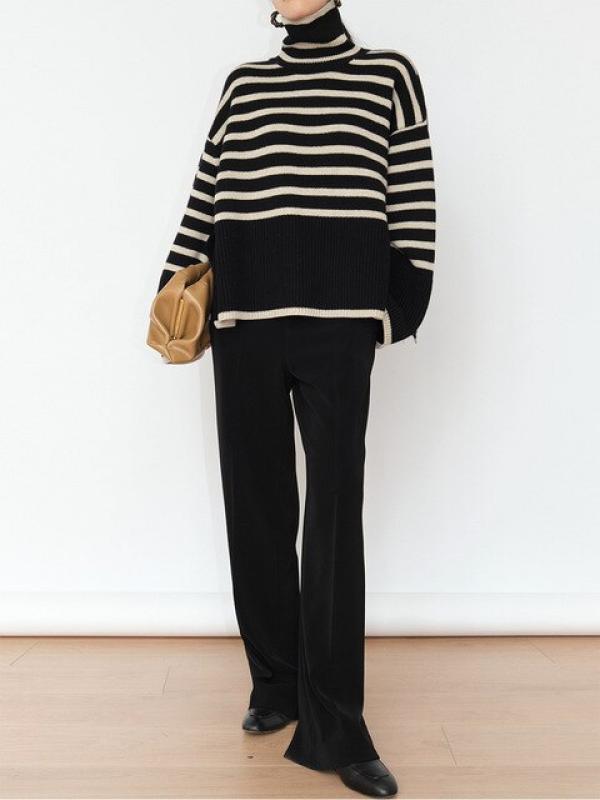 Women's Turtleneck Autumn Loose Black White Knitted Oversized Sweater One Size Fashion Long Sleeves Stripe Women Pulovers
