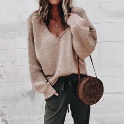 Autumn Winter Fashion V-Neck Women Knitting Sweater Jumper Ladies Long Sweaters Pullover Sleeve Loose Elegant Wear Casual Tops