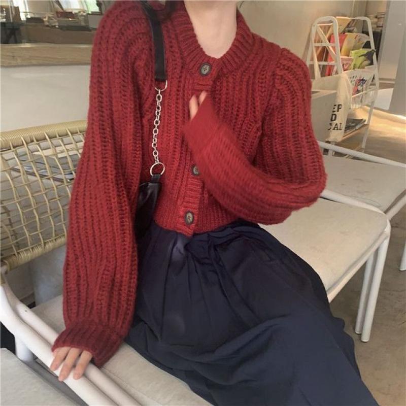 Cropped Sweaters Cardigan Women Baggy O-neck Hotsweet Teens Streetwear Lantern Sleeve Pure Harajuku Кардиган Knitwear Baggy Kpop