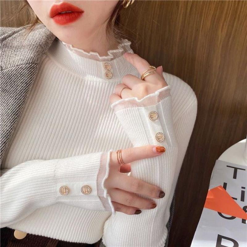 DUOFAN Women Bottoming Sweater Half Turtleneck Winter Knit Inner Wear Long Sleeve Skinny Hollow-out Pullover Top Pink Sweaters