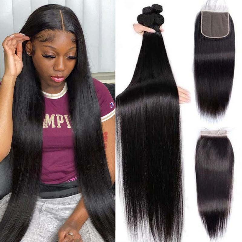 Bone Straight Human Hair Bundles With Closure Lace Closures With Bundles Brazilian Hair Weave 3/4 Bundles With Closure Remy Hair