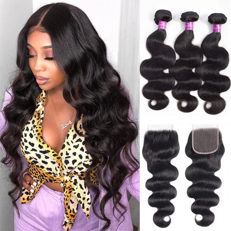 CRANBERRY Hair Body Wave Human Hair Bundles With Closure 4 pcs/lot Brazilian  Hair Weave Bundles With 5x5 Lace Closure Free Part