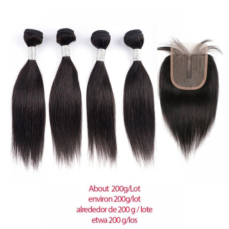 4 Bundles With 4x1 Lace Closure 200g/Lot Straight Remy Indian Human Hair Extension Natural Color Soft Weft Hair For Bob Style