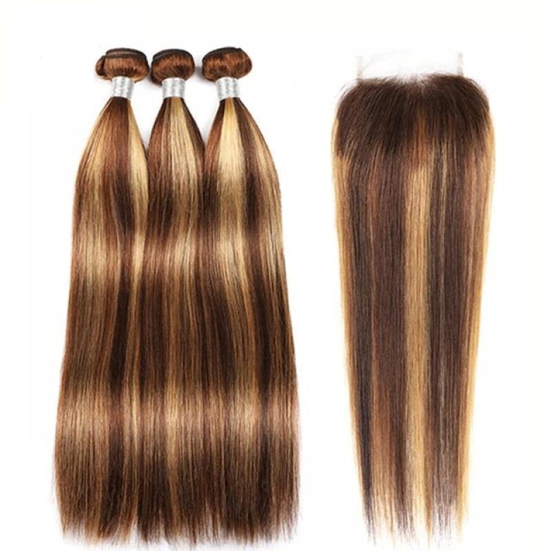 Ombre Highlight Bundles Human Hair with 4x4 Lace Closure 220g/Set 3 Bundles Deal Straight Brazilian Virgin Remy Hair Extensions