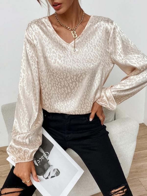 Spring Office Lady Leopard Printing Chiffon Shirt 2023 Fashion V-Neck Long Lantern Sleeve Loose Blouse Women's Clothing 19168