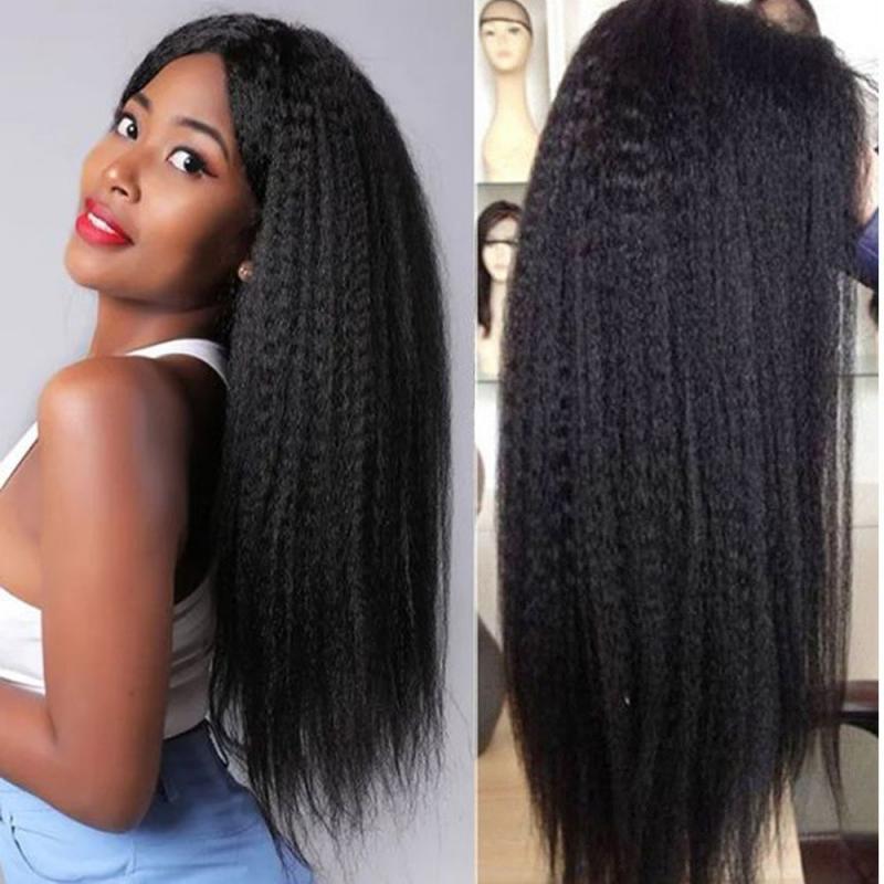 30 32 Inch Kinky Straight Lace Frontal Human Hair Wig for Women Glueless 250 Density HD Transparent Lace Front Yaki Straight Wig